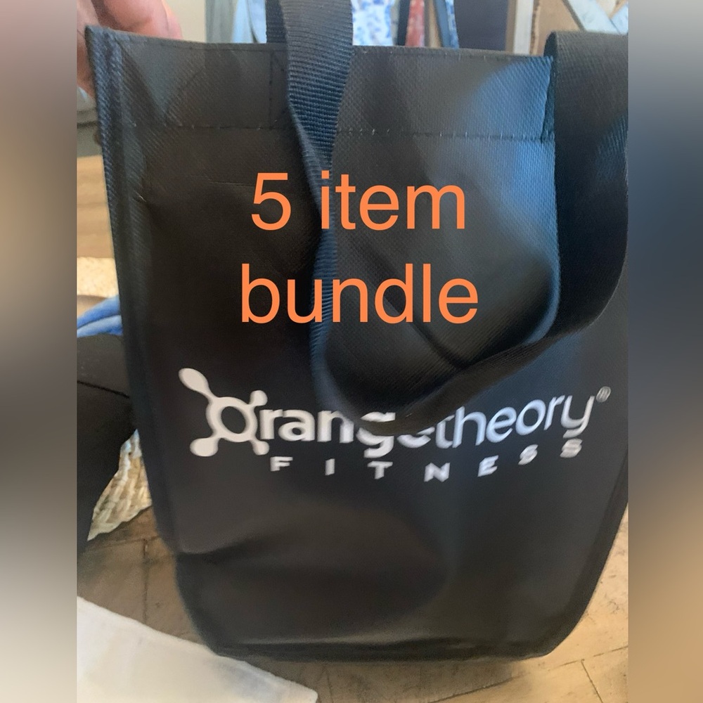 Orange theory bundle: bag, hair ties, hat, stainless steel tumbler and a towel